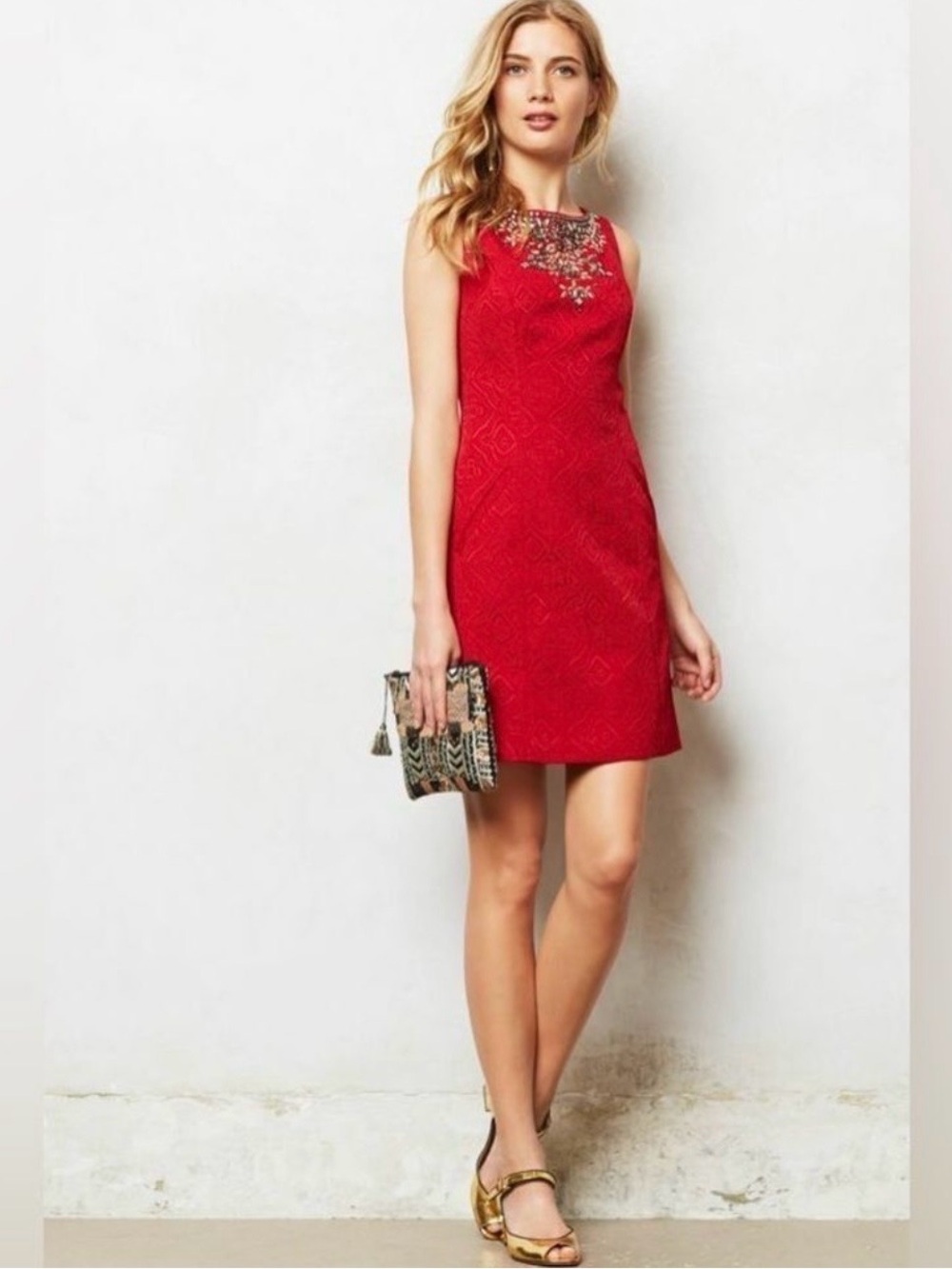 Moulinette Soeurs Anthropologie Red Embellished Jacquard Sheath Dress Size 16